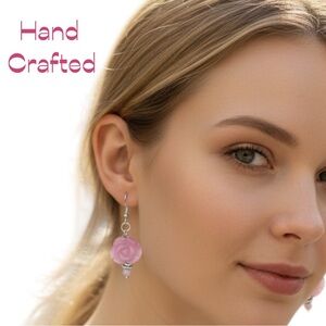 HandCrafted Pink Rose Pressed Glass Beaded Silver Earrings NWT